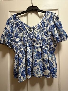 Sienna Sky Blue & White Floral Smocked Peplum Blouse